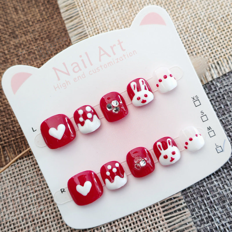 365nails-Lucky Bunny Kids Series: "可愛紅兔" – 短款方形兒童穿戴甲