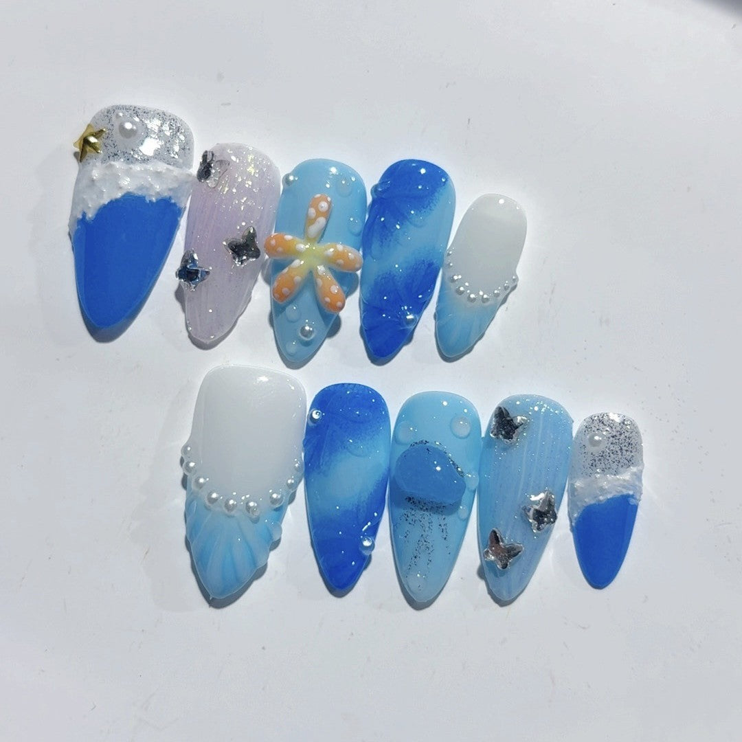 365nails-Ocean Whisper: "Seashell Starfish" – Almond Shape Handmade 3D Carved Press-On Nails