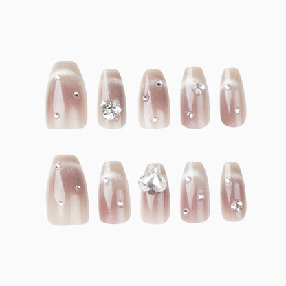 Nail piece  gray pink cat eye love rhinestone stack drill  piece False nail removable finished product｜365nails