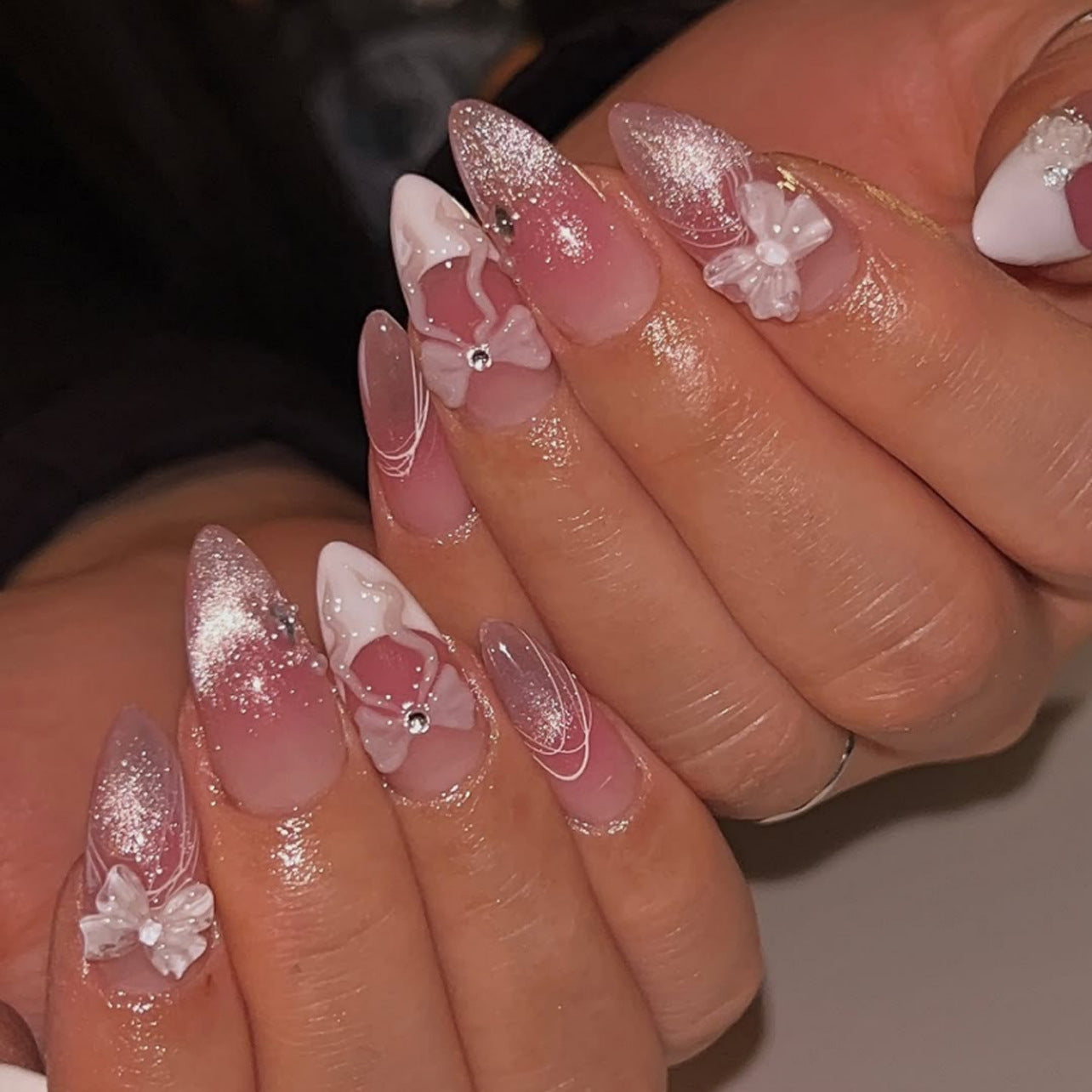 œil de chat dégradé blush type amande nœud français porter ｜365nails