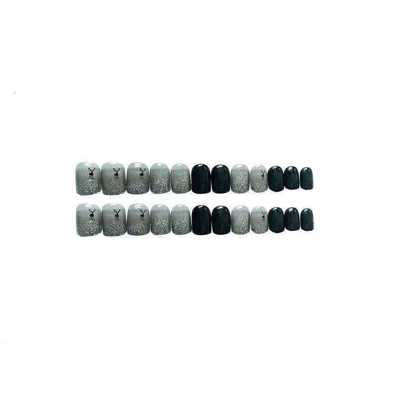Courtes ongles autocollants argent élan neige paillettes dégradé court patch d'ongles ronds faux ongles en gros｜365nails