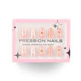 3D three-dimensional flower pearlescent flash short almond press-on nails