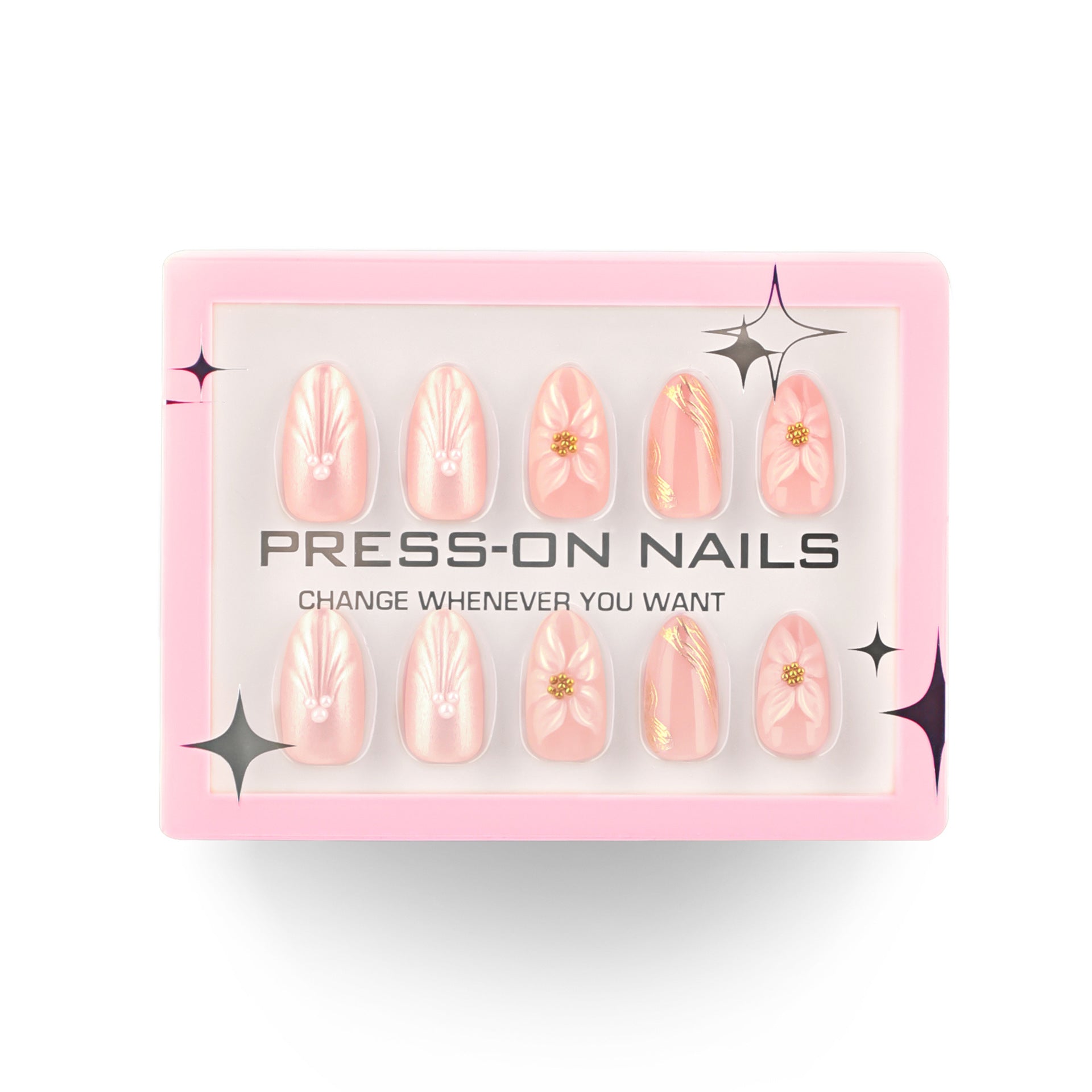 3D three-dimensional flower pearlescent flash short almond press-on nails