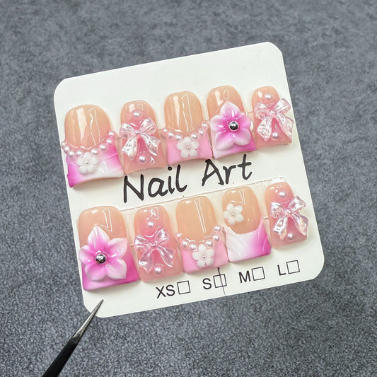 Duck Beak Nail Pearl Bow Carved Girl Heart Nail Art Patch  Handmade Press-on Nails Wholesale｜365nails