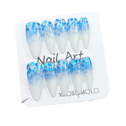 Handmade press-on nails two-color gradual change Korean large sequ medium and long nail patch  style long pointed fake nails｜365nails