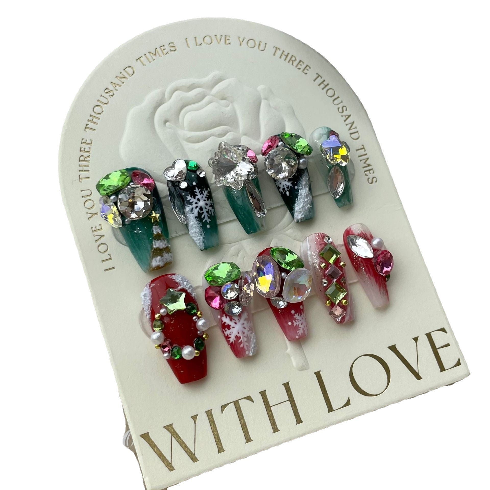 Red and Green Christmas Press‑On Nails – Gem & Snowflake Luxury Design