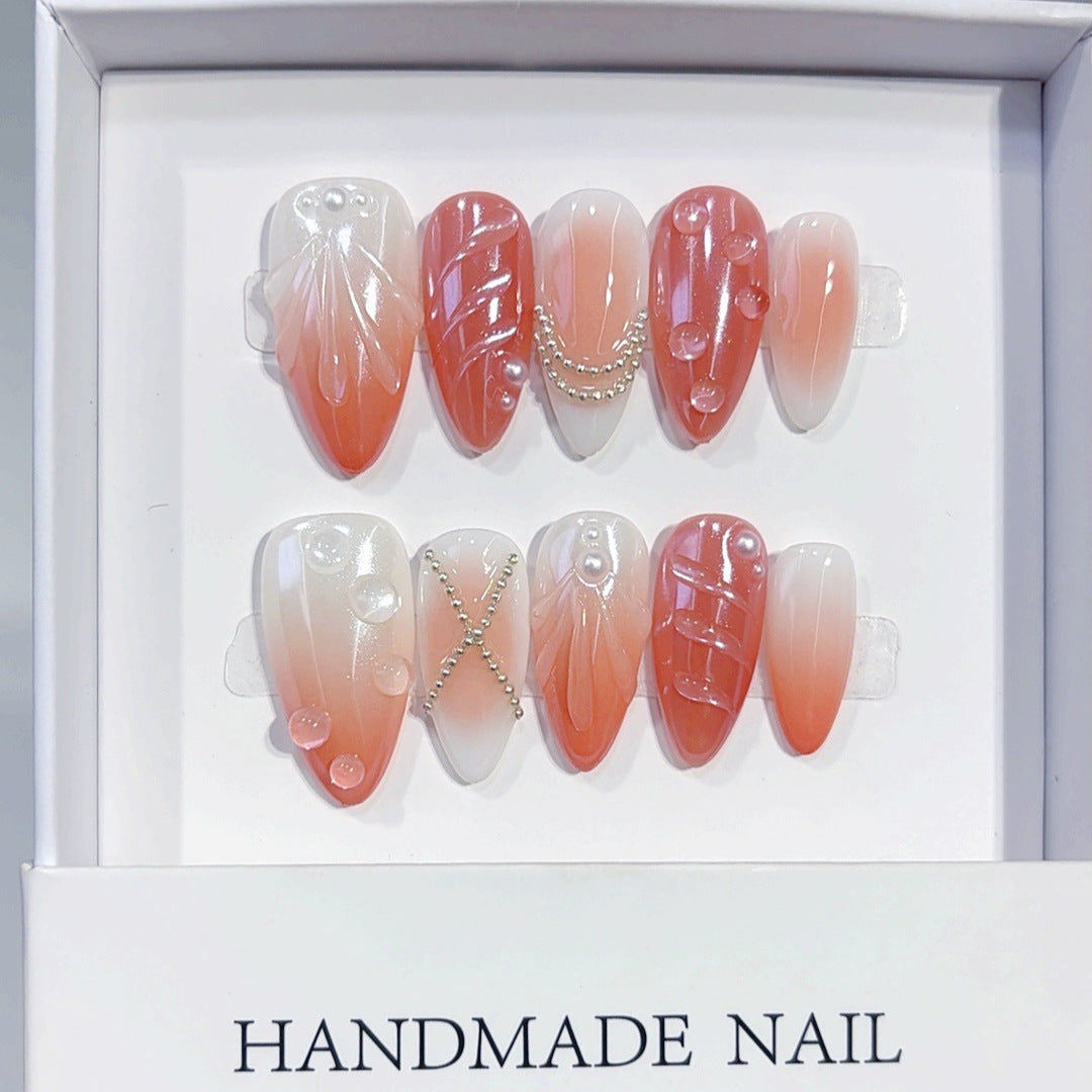 Amber Bloom : « Fleur orange dégradé » – Ongles press-on fait main forme amande