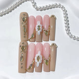 Soft Nude Pearl Floral Elegant Extra Long Press On Nails