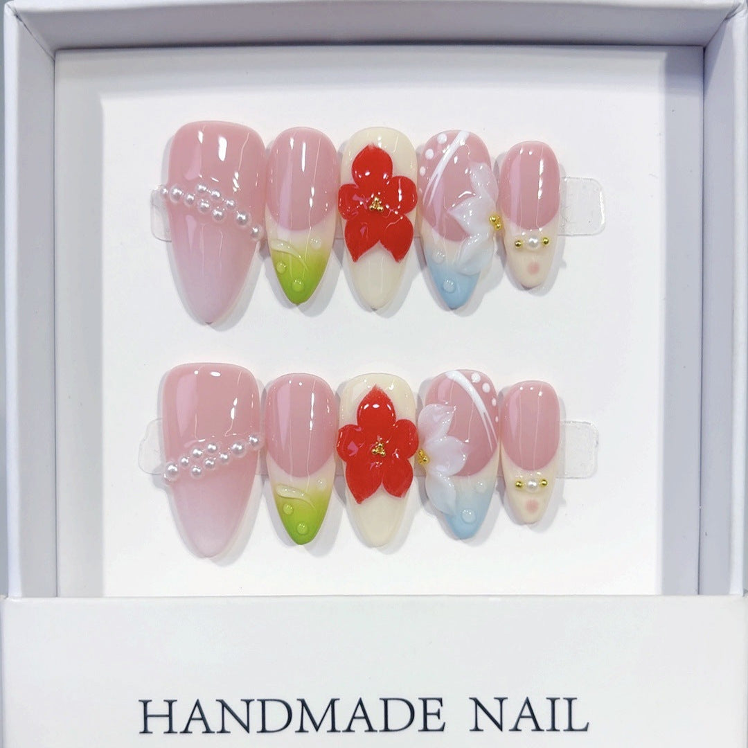 Spring Blossom: "Cherry Pearl Glow" – Almond Shape Handmade Press-Ons