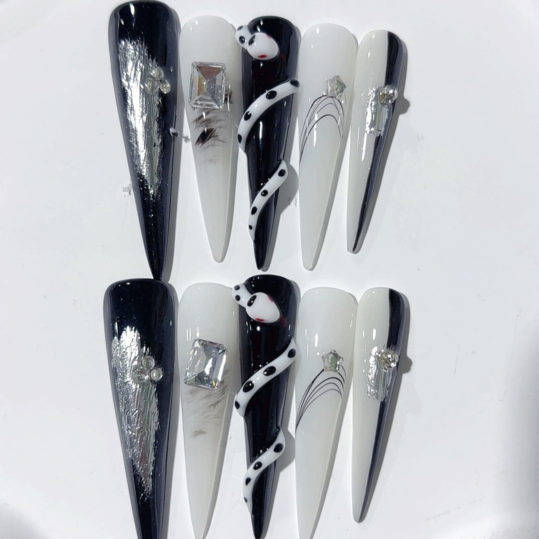 Black White Snake Graphic Crystal Statement Press On Nails