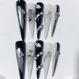 Black White Snake Graphic Crystal Statement Press On Nails