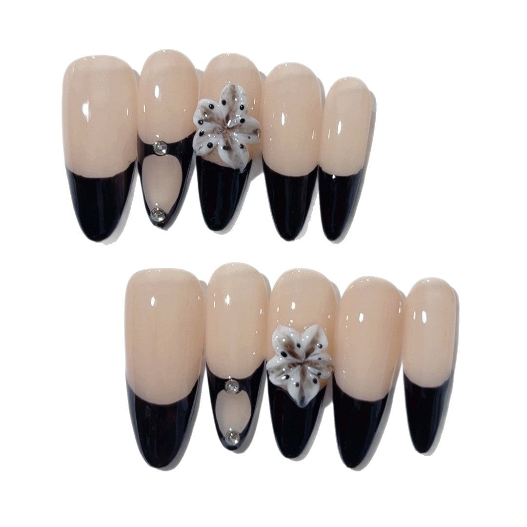 Dark Orchid: "Black French Orchid" – Almond Shape Handmade Press-On Nails