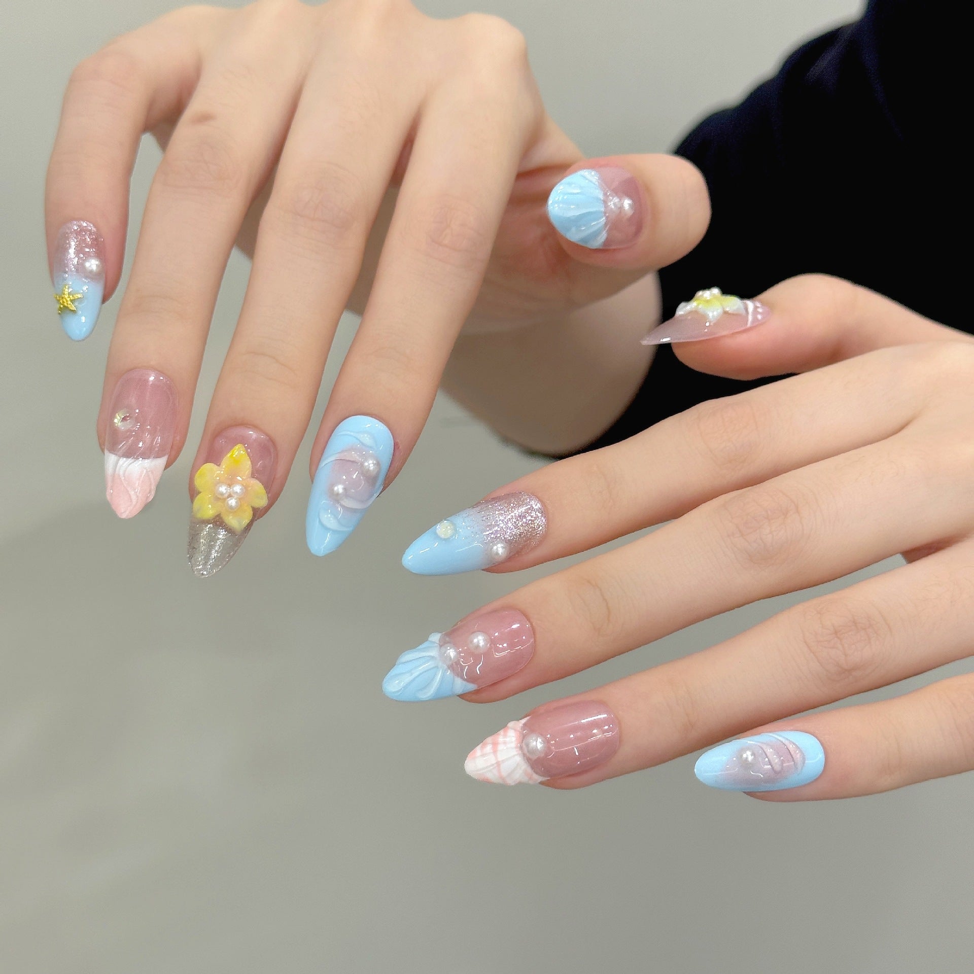 Blue Pearl Floral Beachy Summer Nails