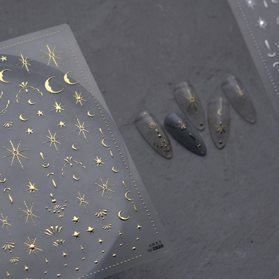 Gold & Silver Celestial Nail Stickers – 3D Embossed Star & Moon Set