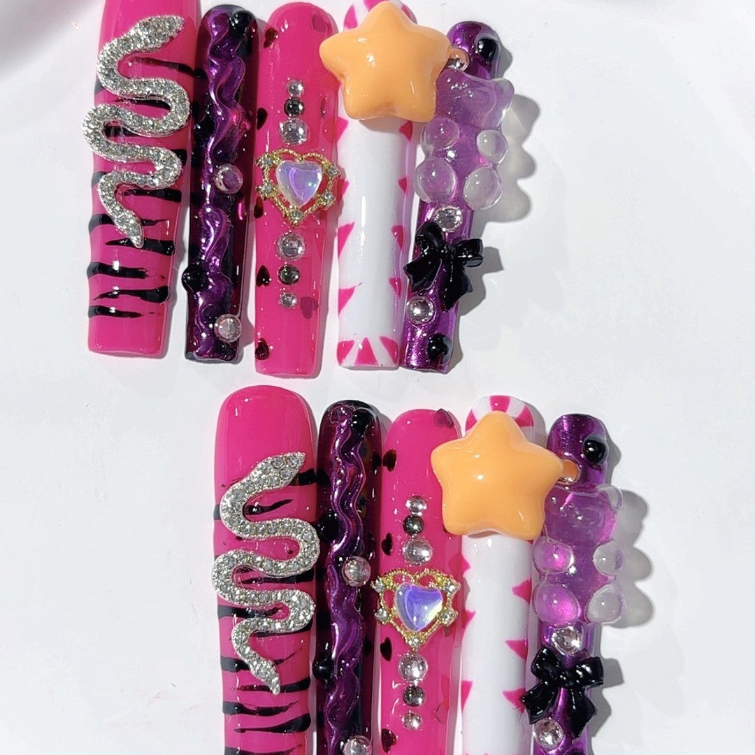 Neon Star Snake Crystal Bold Press On Nails