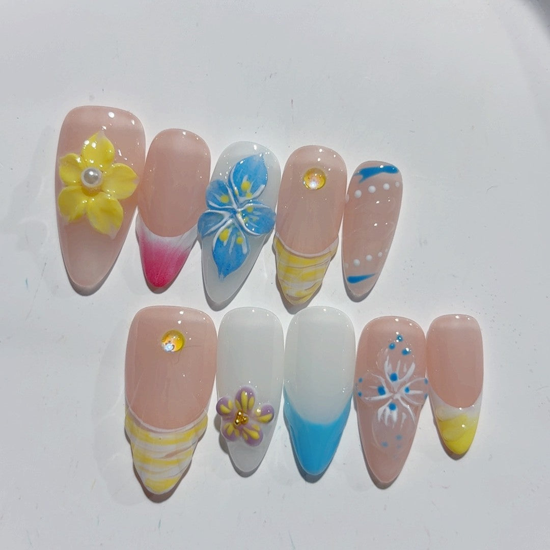 365nails-Spring Bloom: "Colorful Floral" – Alslmond Shape Handmade 3D Carved Press-On Nai
