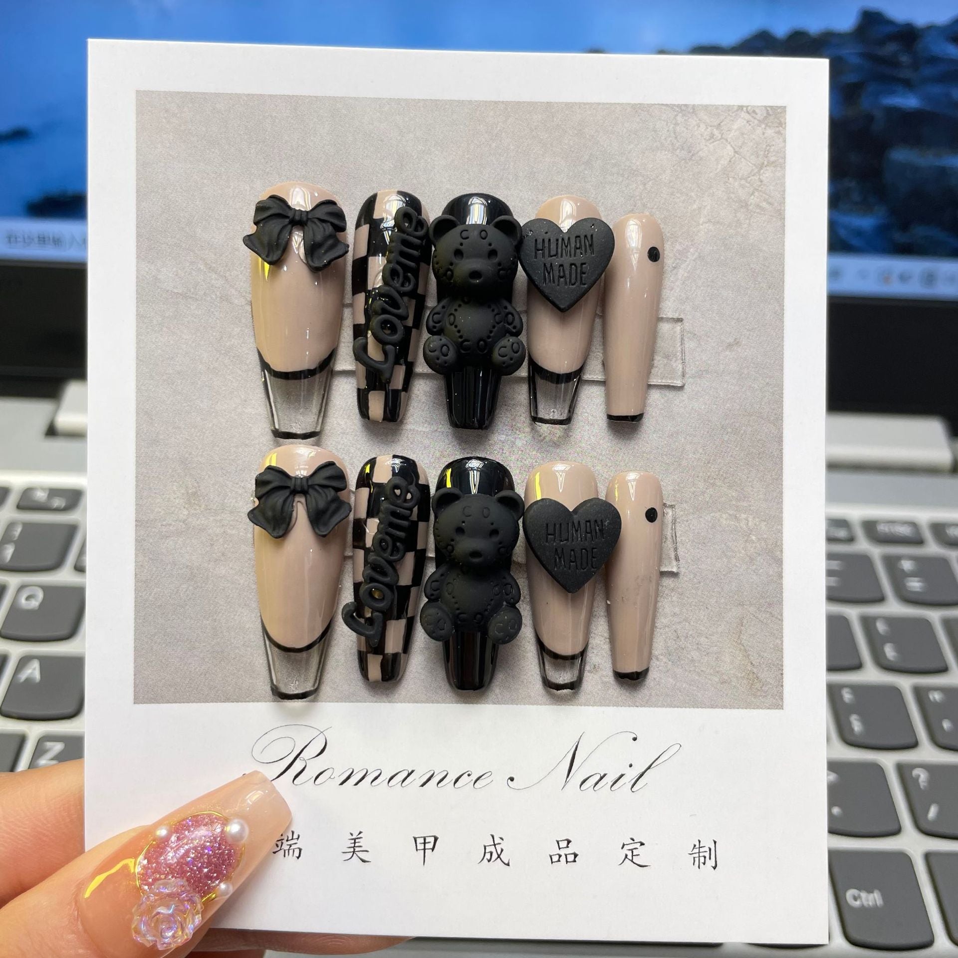 Handmade Wear Nail Black Checkerboard Bear Love Versatile Wear Nail Nail Art Removable | 365nails