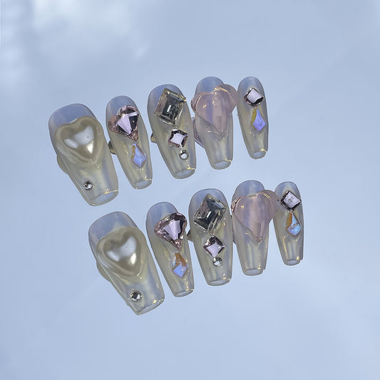 Unhas postiças artesanais Aurora Love Sweet and Cute Nail Art Médio e longo Patch de unha usável Patch de unha postiça finalizado ｜ 365nails