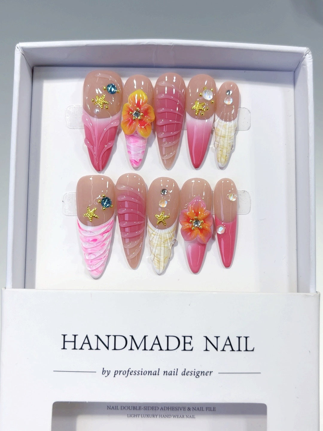 Tropical Starfish: "Pink Floral" – Almond Press-On Nails