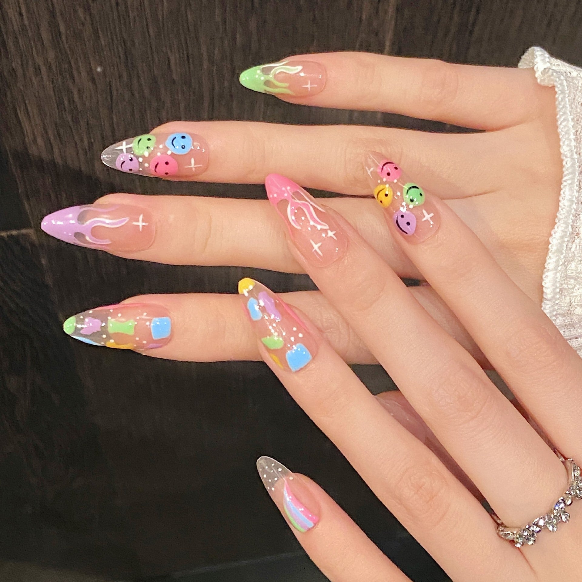 small fresh summer rainbow hand-painted smiley face colorful cute graffiti Thai plastic wind press on nails | 365nails