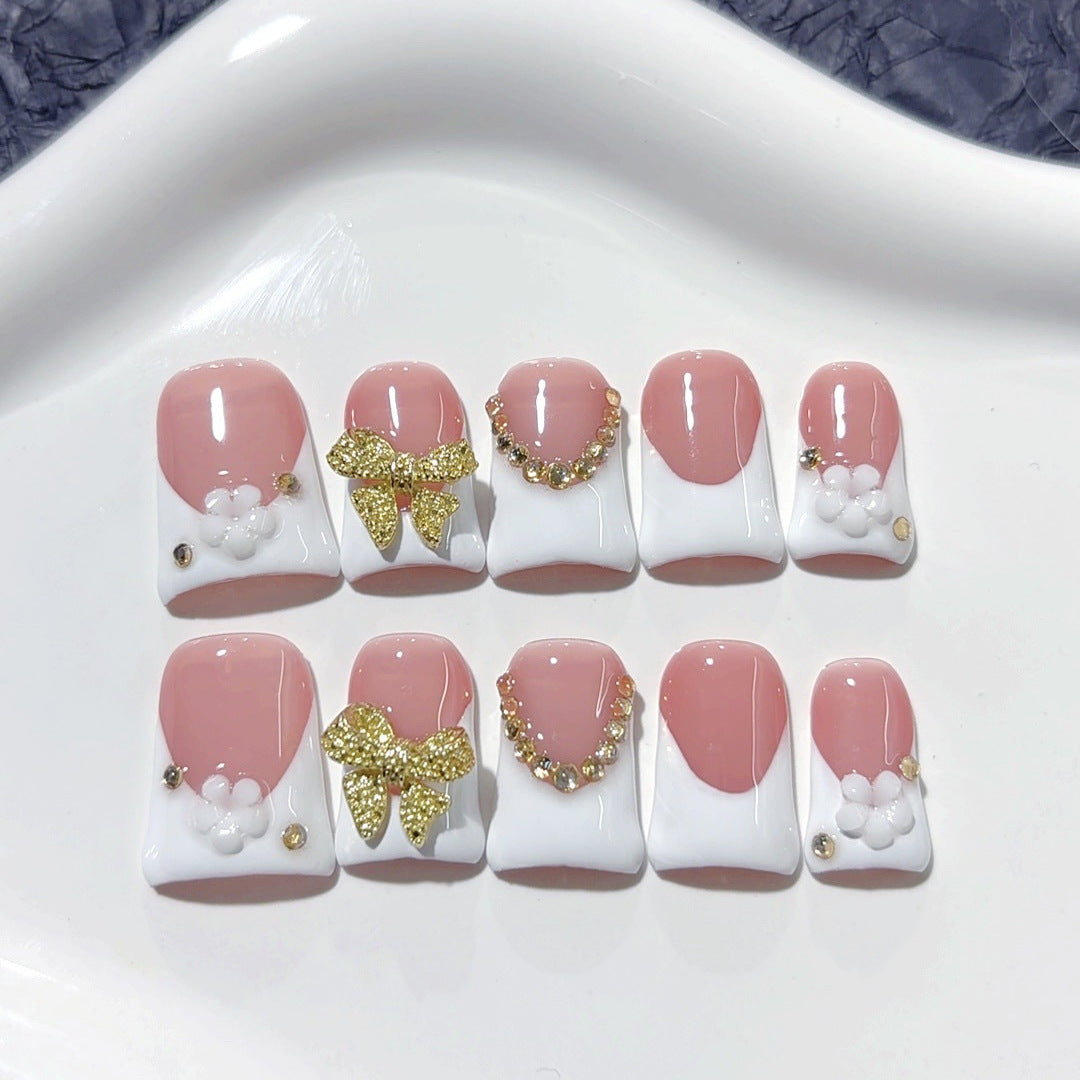 365nails: "Blush Gold Bow" – Short Square Nude-Pink French Gold Handmade Press-On Nails