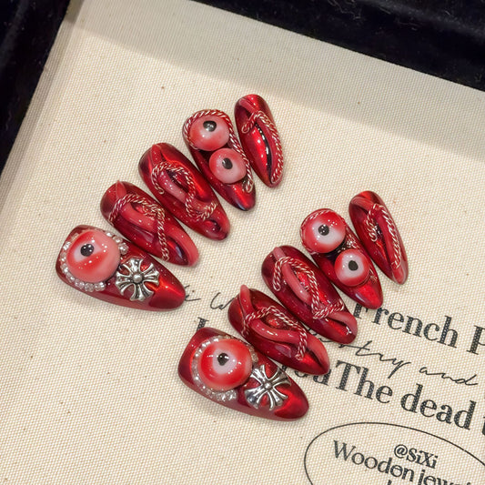 hot girls dark ruby hand-painted temperament three-dimensional snake pattern fake nails white wear manicure | 365nails