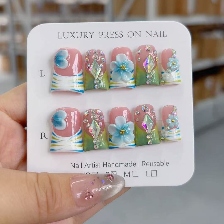 Spring Garden: "Blossom Jewel" – Short Square Handmade Press On Nails