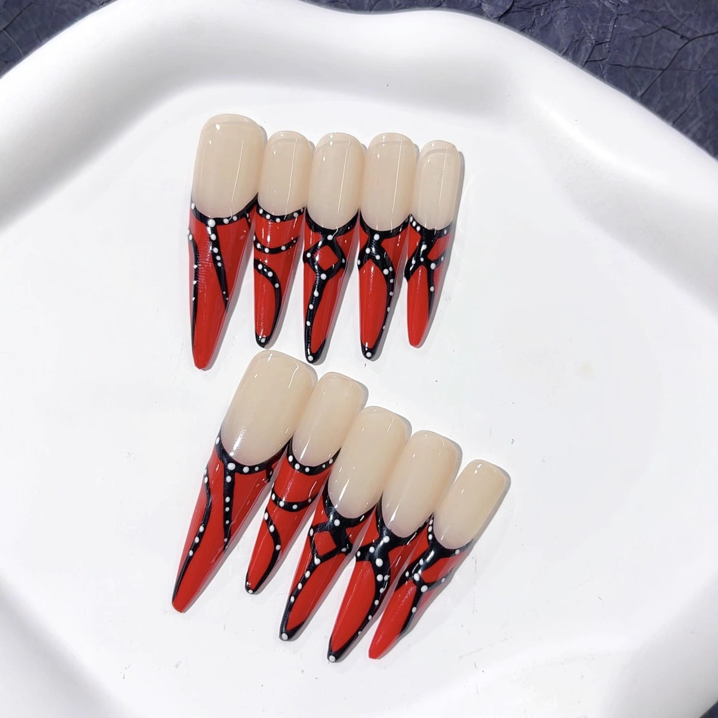 Red French Line Art Extra Long Press On Nails