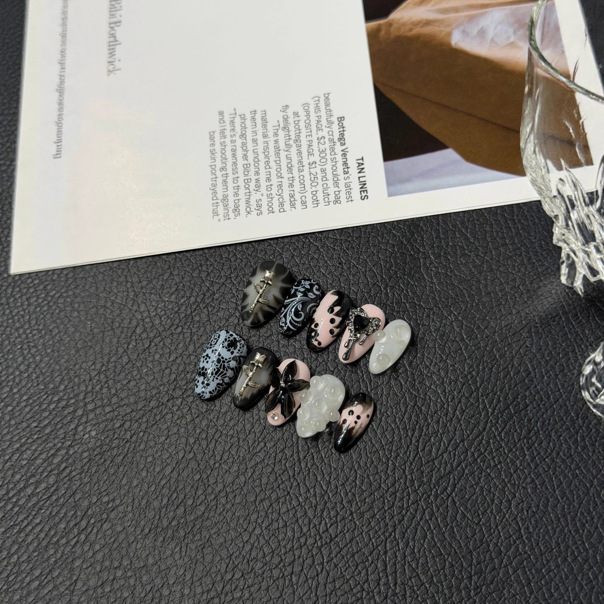 365nails: "Midnight Baroque" – 3D Lace & Cat Eye Handmade Short Almond Nails