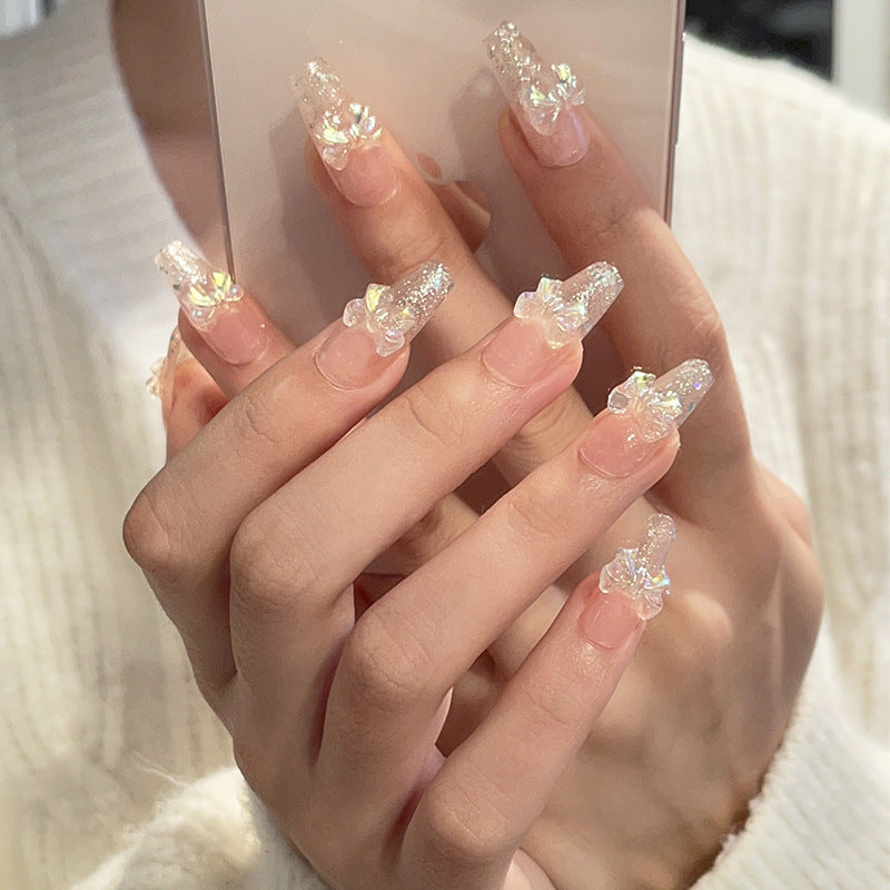 Aurora Glitter Nails with Iridescent Bow Charms
