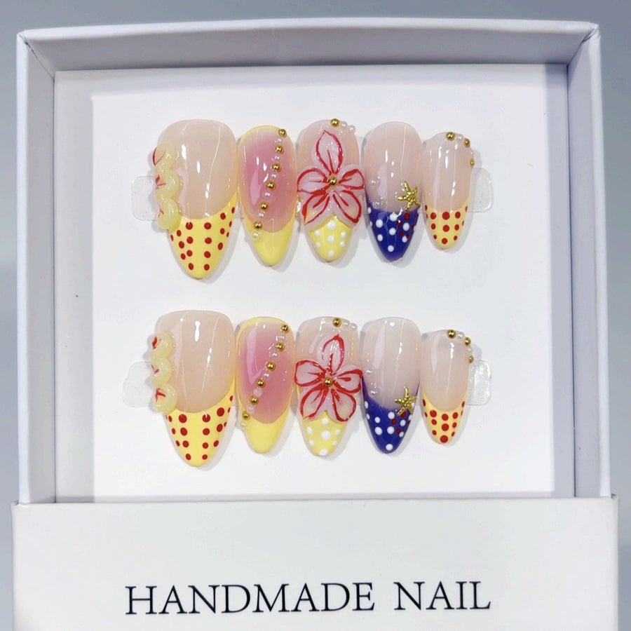 Pop Art Bloom: "Polka Dot Floral Pop" – Almond Shape Handmade Press-Ons
