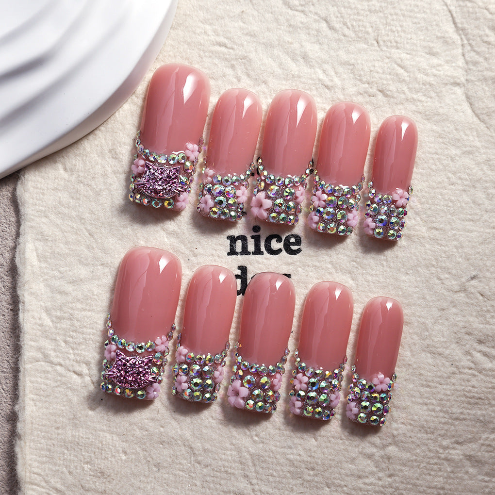 Blush Pink Crystal Bow Duckbill Press On Nails