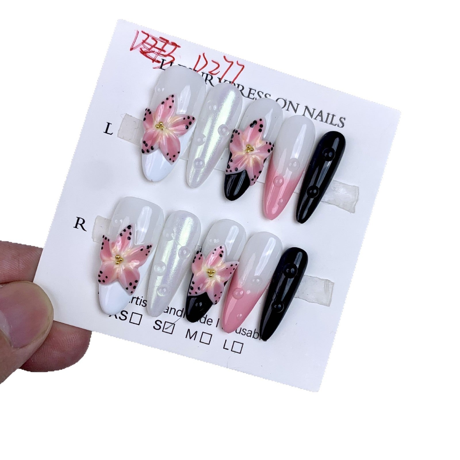365nails: "핑크 릴리 누아르" – 엑스트라 롱 스틸레토형 릴리 플라워 수제 프레스온 네일