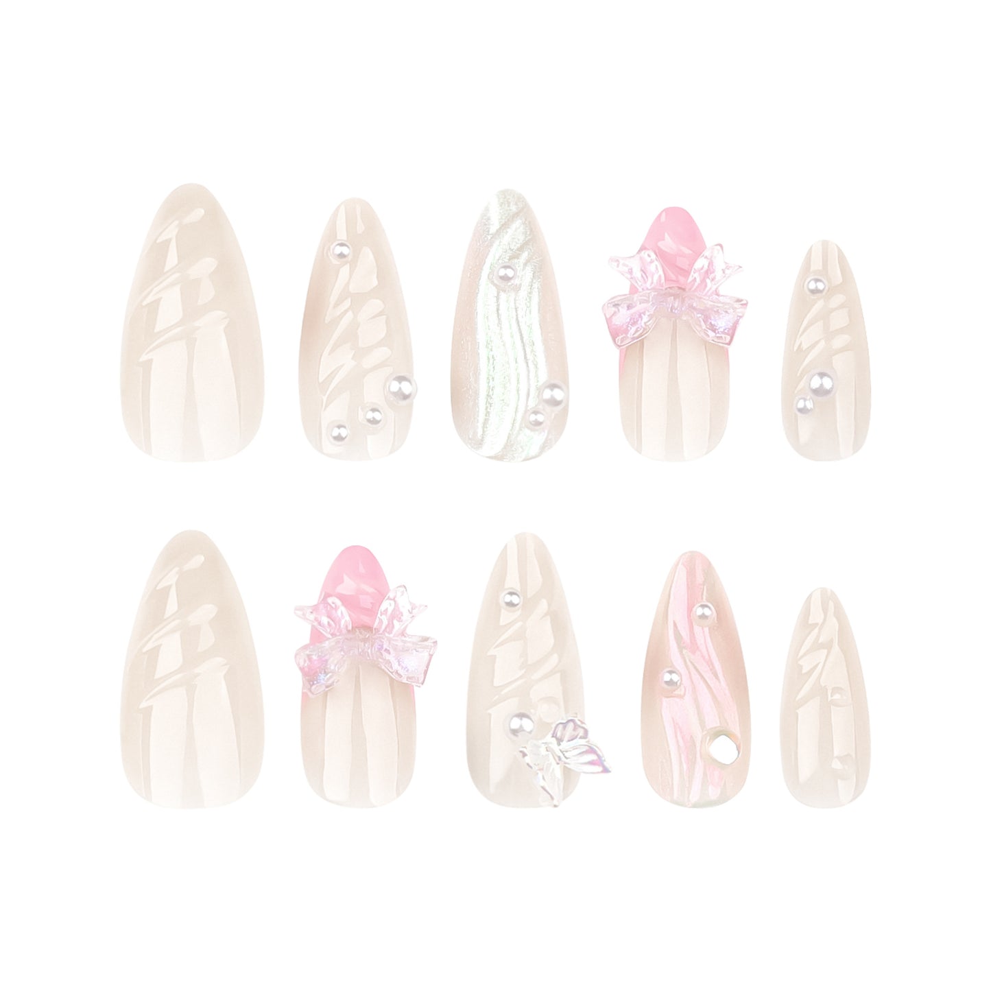 Unhas postiças francesas de pressão rosa, manicure com pérolas 3D, unhas postiças com laço tridimensional, unhas postiças ｜365nails