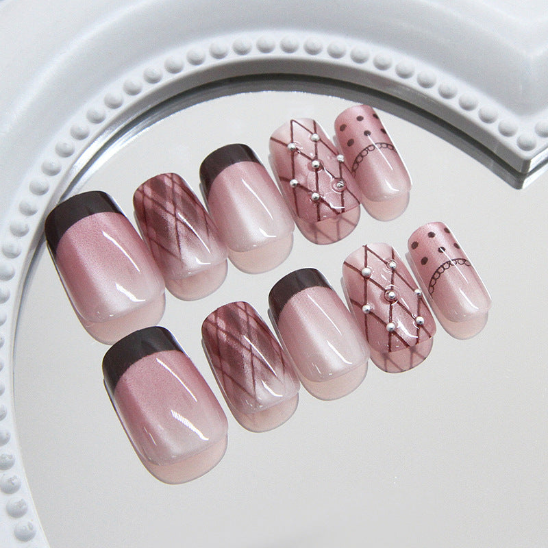 Nail Tips  Prefabricated Nail Polka Dot Lace Silver Bean Checked Red Brown French Cat Eye  ins Pneumatic Diamond Nail Art 30 Pieces｜365nails