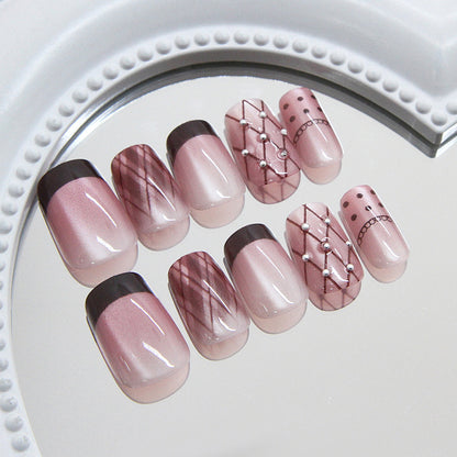 Nail Tips  Prefabricated Nail Polka Dot Lace Silver Bean Checked Red Brown French Cat Eye  ins Pneumatic Diamond Nail Art 30 Pieces｜365nails