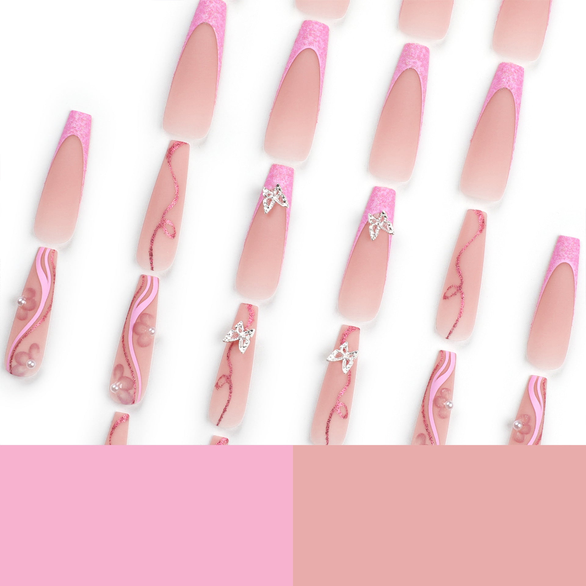 365nails: "Pink Butterfly French Coffin" – 3D Butterfly & Pearl Accent Press-on Nails