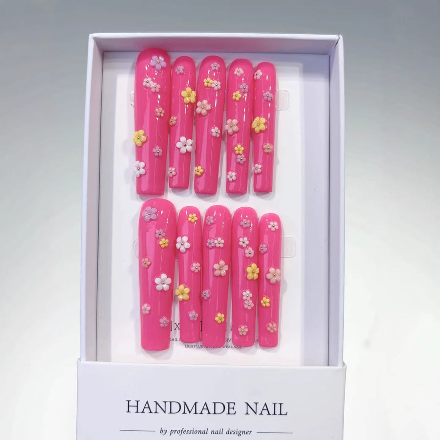 365nails: "Pink Blossom Fantasy" – Extra Long Square Hot Pink 3D Flower Handmade Press-On Nails