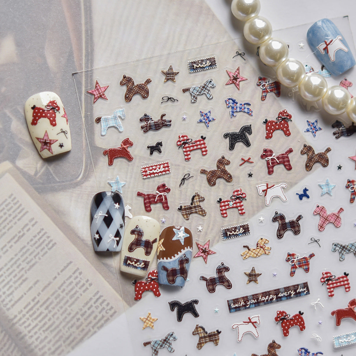 Embossed Rocking Horse Nail Stickers – Plaid & Star Set