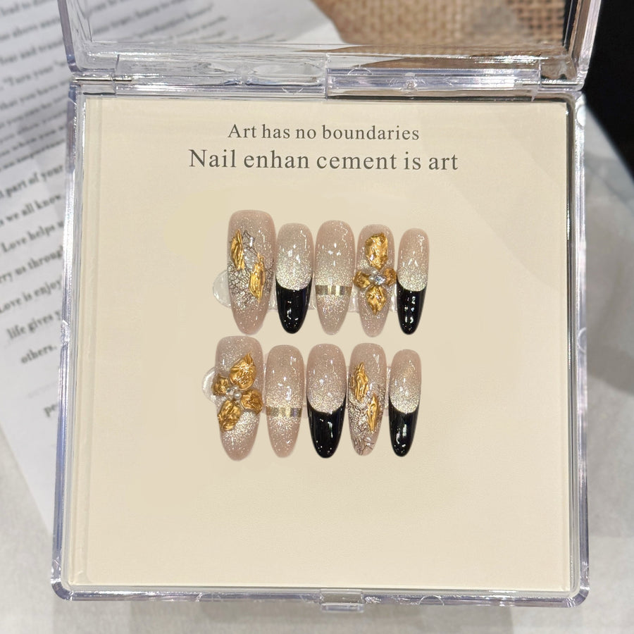 365nails: "Gilded Noir" – 3D Gold Leaf French Handmade Almond Nails