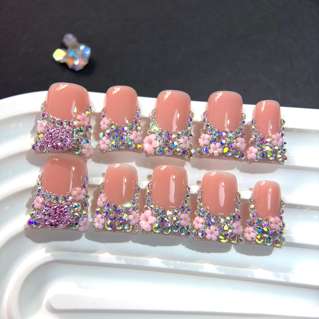 Soft Pink Crystal Floral Press On Nails