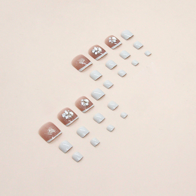 爆裂水鑽亮粉白色法式腳趾穿戴甲 奶白單色甲片｜365nails