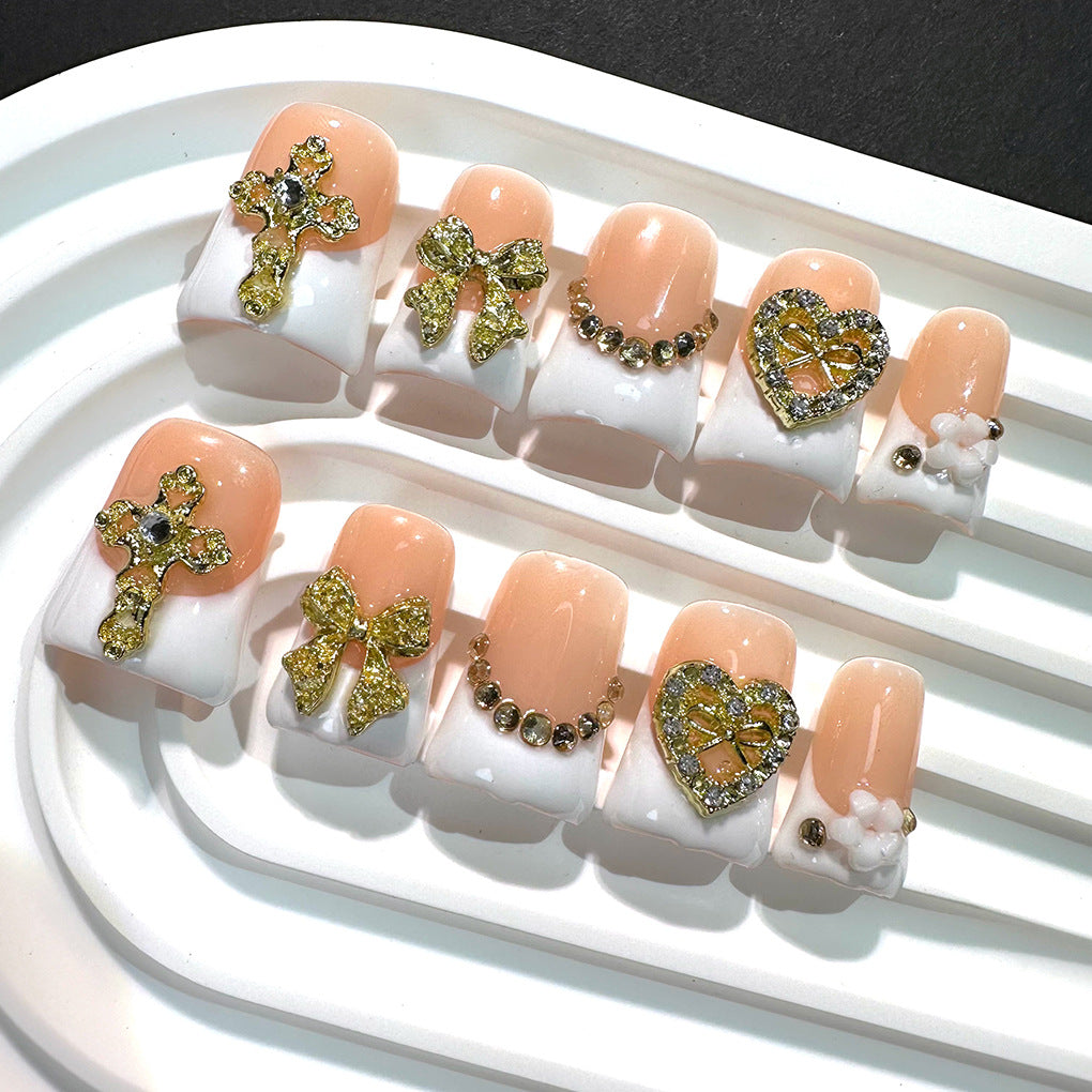 White Gold Cross Heart Press On Nails