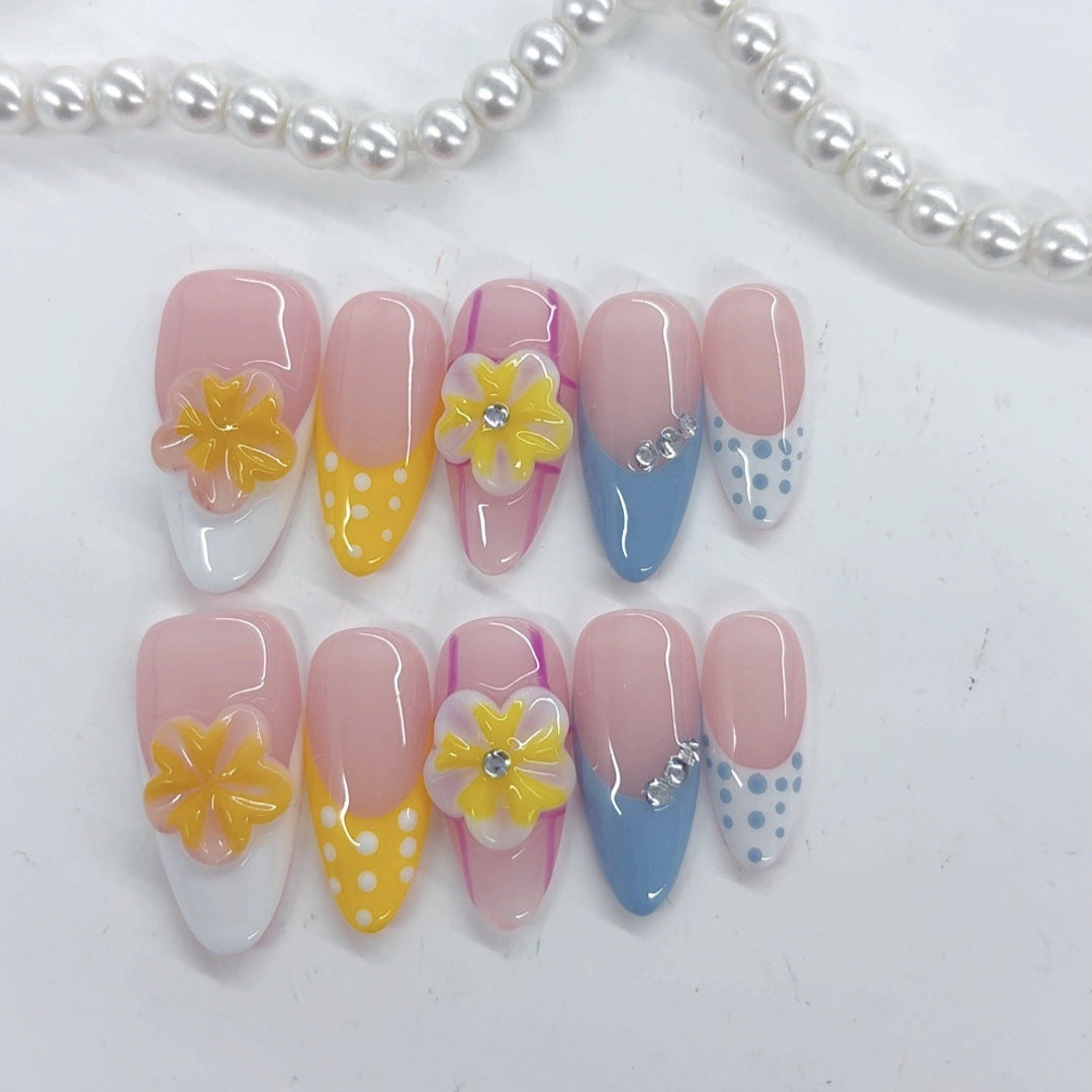 Sweet Pastel: "Rainbow Floral Dots" – Postiças Feitas à Mão, Amêndoa Média, Multicoloridas