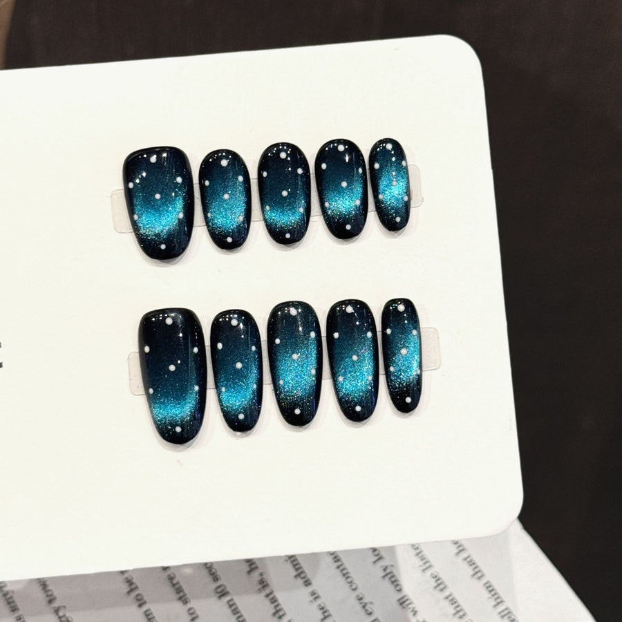 365nails: "Starry Night Blue" – Gradient Glitter Glass Bead Cat Eye Handmade Short Square Nails