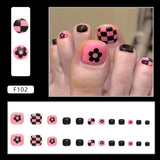 Unhas postiças para os pés, arte em forma de tabuleiro de xadrez com flores, branco, preto e rosa, unhas postiças removíveis, atacado de unhas postiças｜365nails