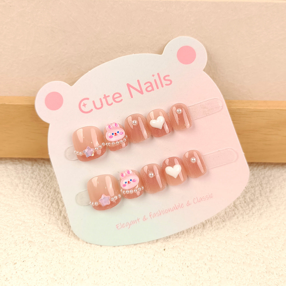 3D pink rabbit cat eye children wearing armor, three-dimensional love pearl nail patch, 10 cute fake nails for girls