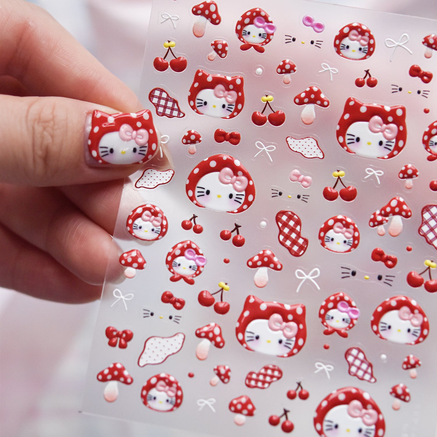 Hello Kitty Red Cherry & Mushroom Collection: "Cute Hello Kitty" – 3D Embossed Nail Sticker