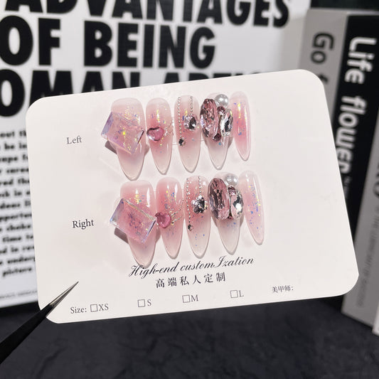 Handmade Press-on Nails Light Luxury Stack Diamond Airbrush Blush Advanced Phototherapy Nail Wearable Nail Sticker Handmade Nail Patch｜365nails