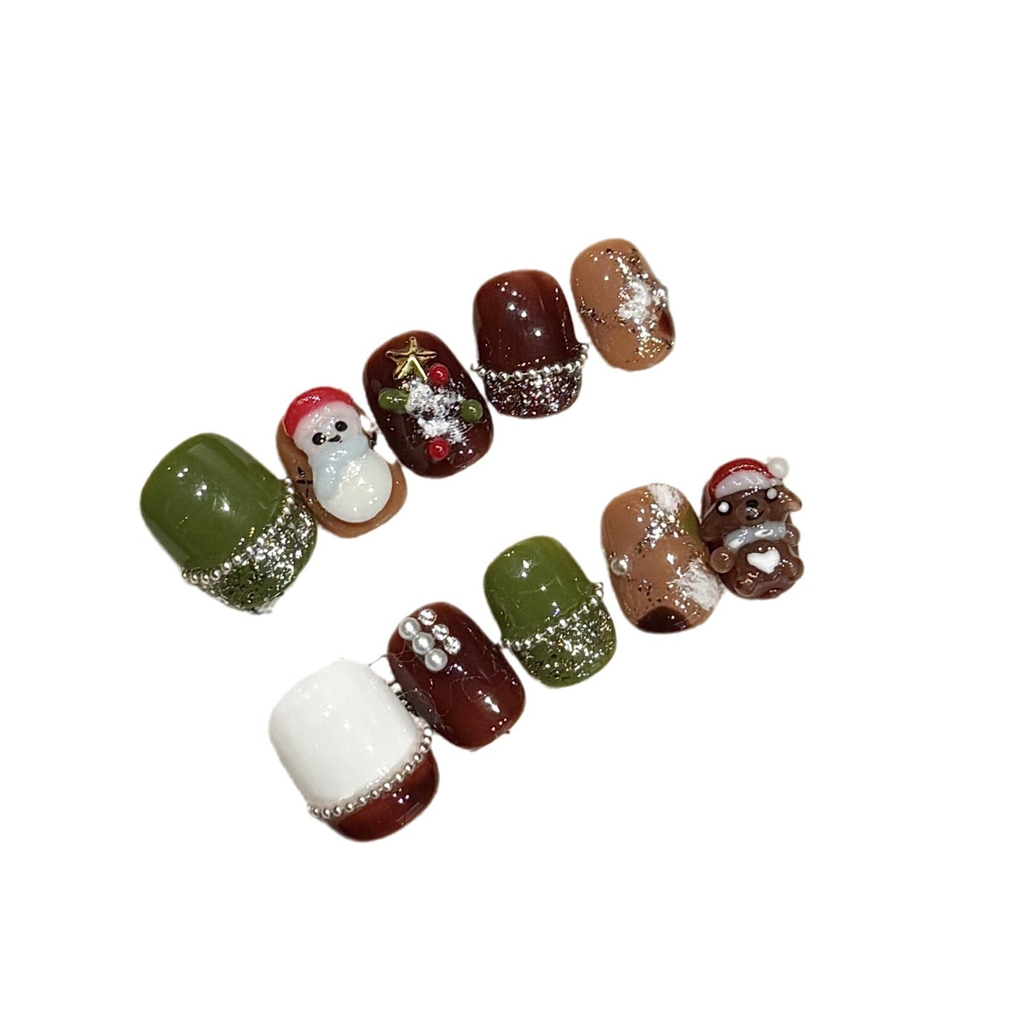 Christmas Bear & Snowman Press‑On Nails – Green and Brown Cozy Short Design